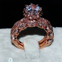 Fashion S925 Silver&ROSE GOLD flower ring Luxury 3CT White Diamond Gemstone Jewellery Engagement Wedding Couple Band Rings Set size 5-11