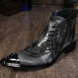 Japanese Fahsion Boots Men Grey Genuine Leather Men Boots Metal Tip Lacing Up Short Ankle Boots For Man Party and Motorcycle, Size EUR38-46