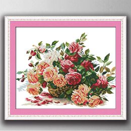 A Colourful basket of roses Cartoon decor paintings , Handmade Cross Stitch Embroidery Needlework sets counted print on canvas DMC 14CT /11CT