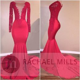 Sexy Plunging V Neck Illusion Red Mermaid Prom 2K17 Lace Beaded Long Sleeves Evening Dresses Zipper Back Vintage Formal Party Wear 403