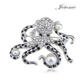 100PCS/Lot Enamel Black Spotted Sea Ocean Faux Pearl clear and black Crystal Rhinestone Octopus Brooch