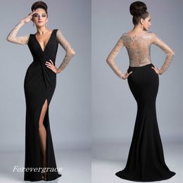 Fashion Women Black See Through Sexy Prom Dress Mermaid Slit Long Sleeves Formal Evening Party Gown Custom Made Plus Size