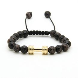 Sport Bracelets Wholesale 8mm Black Sea Sediment Stone Beads with Metal New Barbell Fitness Dumbbell Bracelets For Men