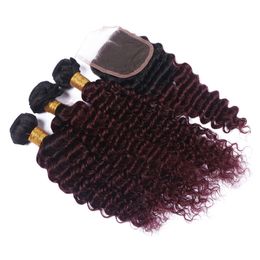 Burgundy Red Ombre Brazilian Virgin Human Hair With Closure Dark Roots #1B/99J Wine Red Ombre 4x4 Lace Closure With Deep Wave Bundles