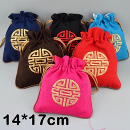 14x17 cm Embroidered Lucky Drawstring Pouch Cotton Linen Jewellery Storage Bag Chinese Style Candy Tea spices Packaging Bags 50pcs/lot
