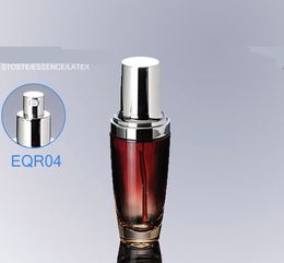 300pcs/lot HOT 30ml Red Glass Perfume Bottle With Lotion Pump Refillable Glass Cosmetic Container bright silver cap
