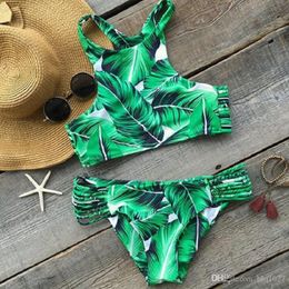 Hot High Neck Bikinis Women Swimwear Printed Green Leaf Bandage Swimsuit Bikini Set Bathing Suit Brazilian Biquinis Free Shipping