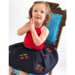 Two Pieces Toddler Pageant Dresses 2021 with Halter Neck and Cherry Details Real Photos Baby Girls Birthday Party Dress Red & Black