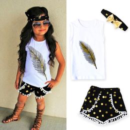 kid girls clothes casual clothing sets childrens suit toddler kids feather vest shorts headband outfits clothes