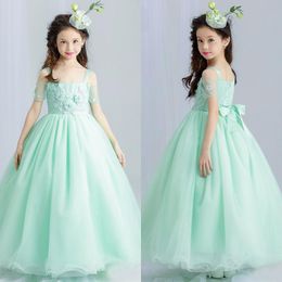 Lovely 2017 Mint Green Organza Princess Flower Girls Dresses For Weddings Spaghetti Short Sleeve Floor Length Girls Pageant Gown EN4196