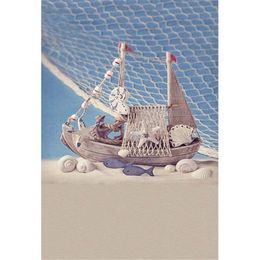 Beach Themed Kids Photography Backdrops Blue Seawater Toy Fish Shells Wooden Boat Fishing Net Children Photo Shoot Background