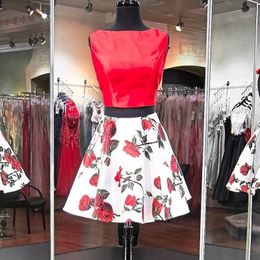 Red Rose Floral Printed Short Prom Dresses Two Pieces Knee Length Red Top with White Satin Knee Length Homecoming Party Gowns 2019 New