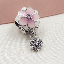 2017 Spring 925 Sterling Silver Magnolia Bloom Dangle Charm Bead with Pink CZ Fits European Pandora Jewelry Bracelets