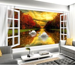 Luxury European Modern White windows sunset autumn lake lake swans beauty background 3D wall