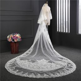 Two Layer White Wedding Veil 350 CM Appliqued Edge Lace Ivory Bridal Veils Cheap Tulle Cathedral Veil With Free Comb