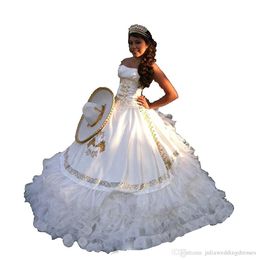 2020 White Gold Satin Ball Gown Quinceanera Dresses With Embroidery Beads Sweet 16 Dresses For 15 Year Prom Gowns QS1006
