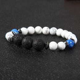 New Designs Mens Pulseras Wholesale 10pcs/lot 8mm White Howlite And 12mm Lava Stone Lucky Energy Bracelets For Men