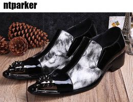 Rock Man's Shoes Pointed Metal Steel Toe Low Heels Formal Leather Dress Shoes Man Black White Oxfords zapatos de hombre, EU38-46!