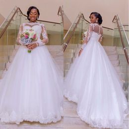 White A-line 2019 tulle long sleeves modest tulle sheer neck Appliques cathedral train wedding dresses from china 12y muslim bridal gowns