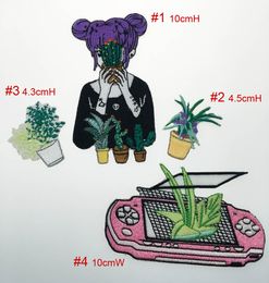TOP SALE NEW FASHIONABLE 4PCS PER SET POTTED PLANT WITH CUTE GIRL EMBROIDERED IRON SEW ON BAG JEAN OR CAP AND SHOE