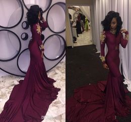2017 Burgundy New Cheap South African 2k17 Mermaid Prom Evening Dress Sexy High neck Gold Lace Appliques Party Reception Dress Court Train