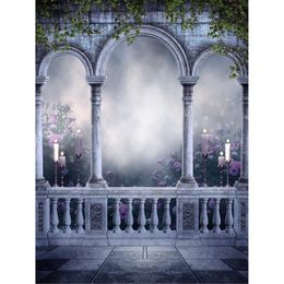 Mysterious Castle Vintage Balcony Wedding Photography Backdrops Scenic Night Fog Candles Lilac Flower Garden Backgrounds for Photo Shoot