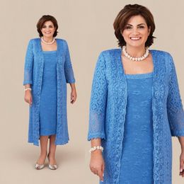 Ann Balon Blue Mother Of The Bride Dresses With Long Jacket Lace Mothers Wedding Guest Dress Tea Length Plus Size Mother's Gr268J