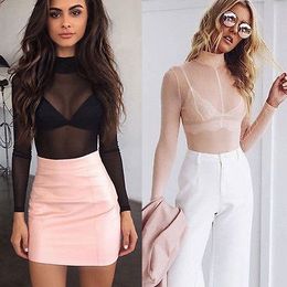 Wholesale- Fashion Women Sexy Long Sleeve Mesh Shirt Casual Crop Top Loose Mesh Sheer Tops T-Shirt