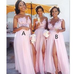 Country Blush Pink Bridesmaid Dresses Sexy Sheer Jewel Lace Appliques Maid Of Honour Dresses Split Formal Evening Gowns