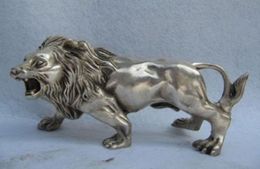 China Folk Refined white Copper Silver Feline animal Ferocious Male lion Statue