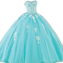 Amazing Aqua Blue Turquoise Quinceanera Dresses Puffy Ball Gown Crystals Lace Appliques Tulle Prom Party Gowns Sweep 16 Dresses Custom Made