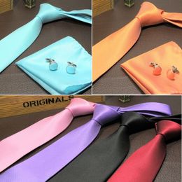 Neck Tie Cuff Links Handkerchief Set 15 Colours Men's necktie 145*8cm solid Colour NeckTie for Father's Day business tie gift