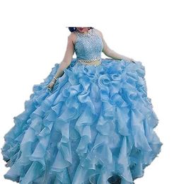 2017 Real Photo Ruffles Long Ball Gown Two Pieces Quinceanera Dresses with Organza Beaded Plus Size Prom Pageant Debutante Party Gown BM07
