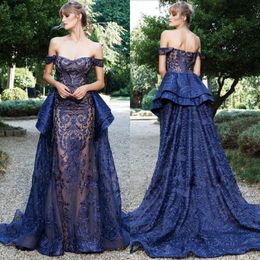 Graceful Royal Blue Evening Dress Glamorous Off Shoulder Lace Applique Peplum Mermaid Evening Dress Charming See Through Formal Evening Gown