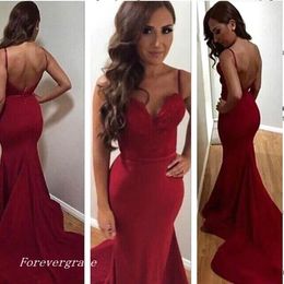 Fashion Women Wine Red Open Back Prom Dress Sexy Burgundy Long Spaghettis Straps Formal Evening Party Gown Custom Made Plus Size
