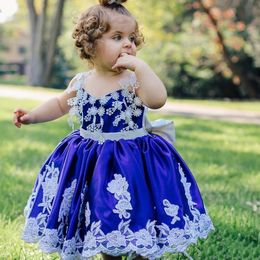 Royal Blue 18 Months Flower Girl Dress Vintage Lace Communion Gowns Bead Ball Gown Child Dresses With Big Bow