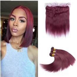 Brazilian Burgundy Virgin Hair 3 Bundles with Lace Frontal Closure Color 99J Wine Red Straight Human Hair Weaves With Lace Frontal 4Pcs/lot
