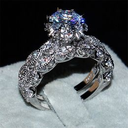 Fashion S925 Silver flower ring Luxury 3CT White Simulated Diamond Gemstone Jewellery Engagement Wedding Couple Band Rings Set size 5-11
