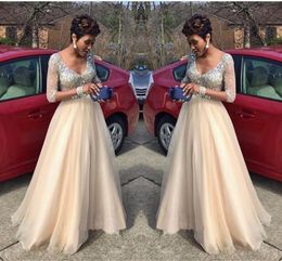 2017 Deep Evening Modest V-neck 3/4 Long Sleeves Prom Dresses Beaded A-line Tiered Ruffle Custom Made Formal Party Gowns New Arrival