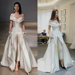 Women Jumpsuit With Long Train White Evening Dresses Off Shoulder Sweep Train Elegant Prom Dress Party Zuhair Murad Dress Vestidos253U