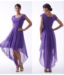 Purple High Low Short Modest Bridesmaid Dresses With Short Sleeves A-line Pleats Country Short Front Long Back Wedding Bridesmaid Dress