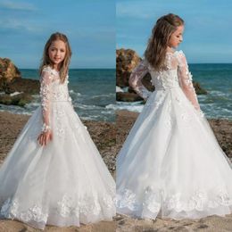 Garden Beach White Flower Girl Dresses For Weddings 2018 New Illusion Long Sleeve 3D Floral Appliqued Princess Birthday Party Gown EN101413