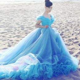 Light Blue Cinderella Wedding Dresses Cheap Crystal Ball Gown Off Shoulder Beads Court Train Bridal Dress