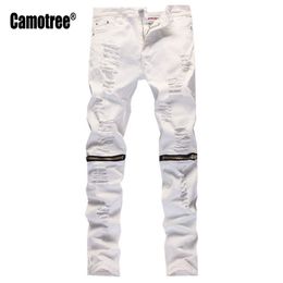 Whole- Mens Designer Slim White Ripped Holes Jeans Pants Skinny Biker Distressed Jeans Knee Zipper Design Streetwear266P
