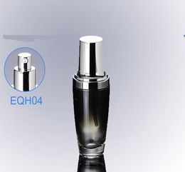 300pcs/lot HOT 30ml Black Glass Perfume Bottle With Lotion Pump Refillable Glass Cosmetic Container bright silver cap