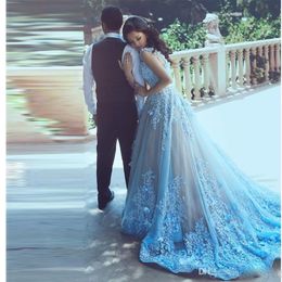 2017 Amazing Blue Evening Gowns Spaghetti 3D-Floral Appliques Tulle Bridals Dresses With Satin Sash Long Sweep Train Lace Prom Dress