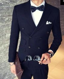 Wholesale- New Arrival Groomsmen Peaked Lapel Groom Tuxedos Navy Blue Mens Suits Wedding Best Man (Jacket+Pants+Tie+Hankerchief) B8224