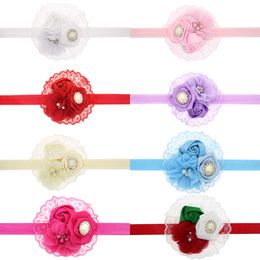 Baby Headbands Flower Rhinestone Pearl Rose Hairbands Girls Kids Lace Rosebud Headdress Infant Children Chiffon Hair Accessories KHA574