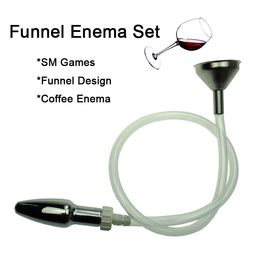 Metal Funnel Enema Anal Cleaning Kit SM Sex Toys for Men Woman Adult Games Vaginal Butt Plug Shower Head Fluid Syringe Device q0511