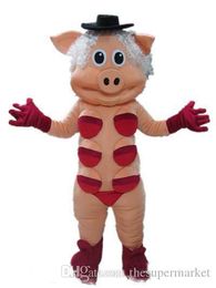 Good vision and good Ventilation a pig mascot costume with black hat for adult to wear